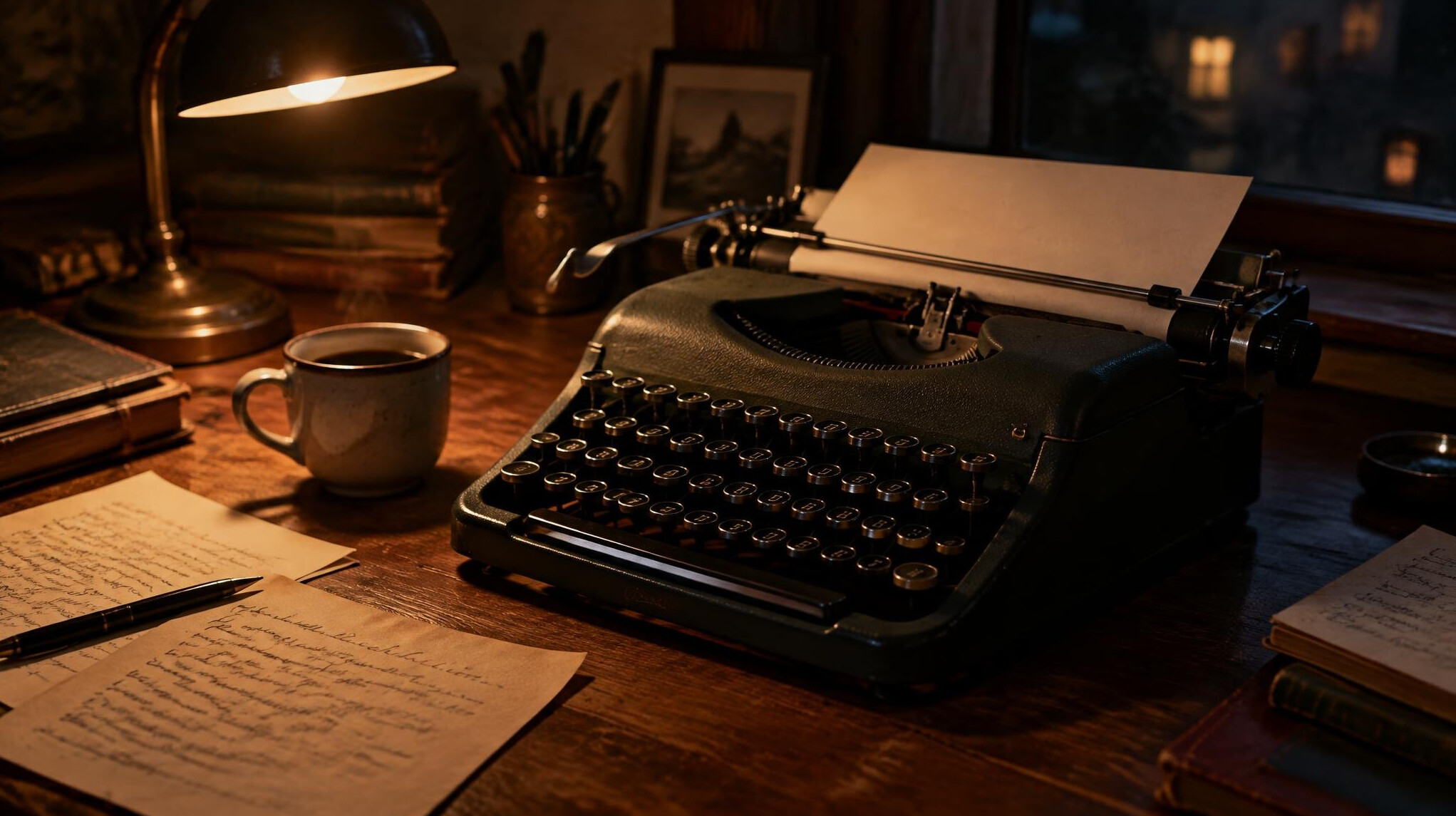 Vintage typewriter on a wooden writing desk with notebooks