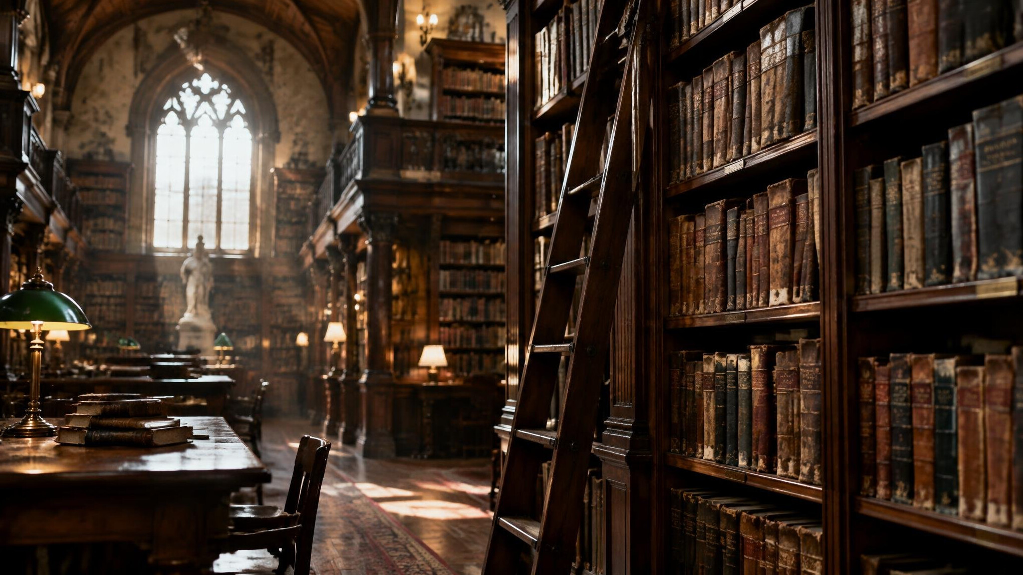 Old library with tall wooden shelves full of books