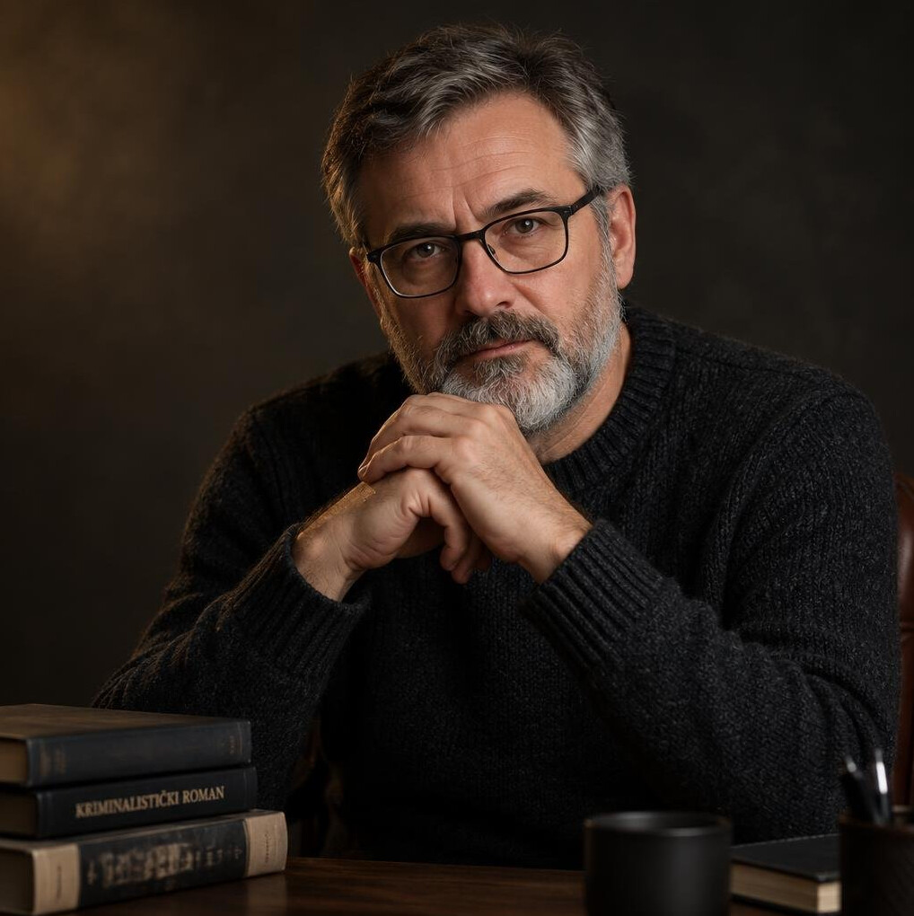 Portrait of a Croatian mystery writer sitting thoughtfully in dim light