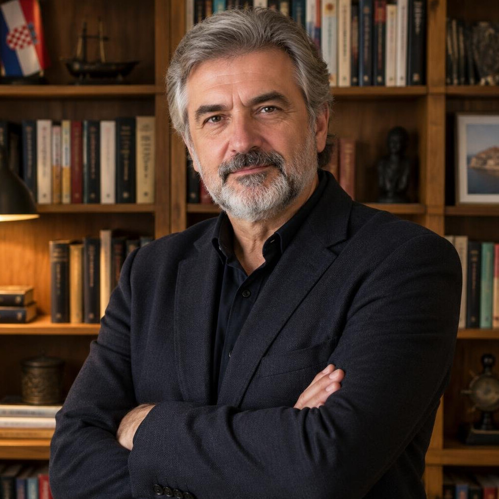 Croatian author standing in a study surrounded by books